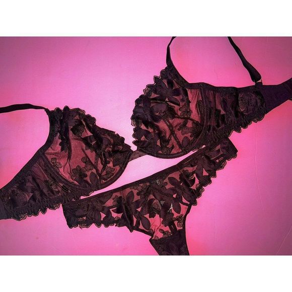 Victoria's Secret unlined 34B,36DD BRA SET M thong kir maroon floral applique - Picture 2 of 4